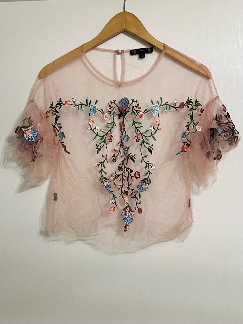 iris Dusty Pink Sheer Floral Embroidered Crop Top